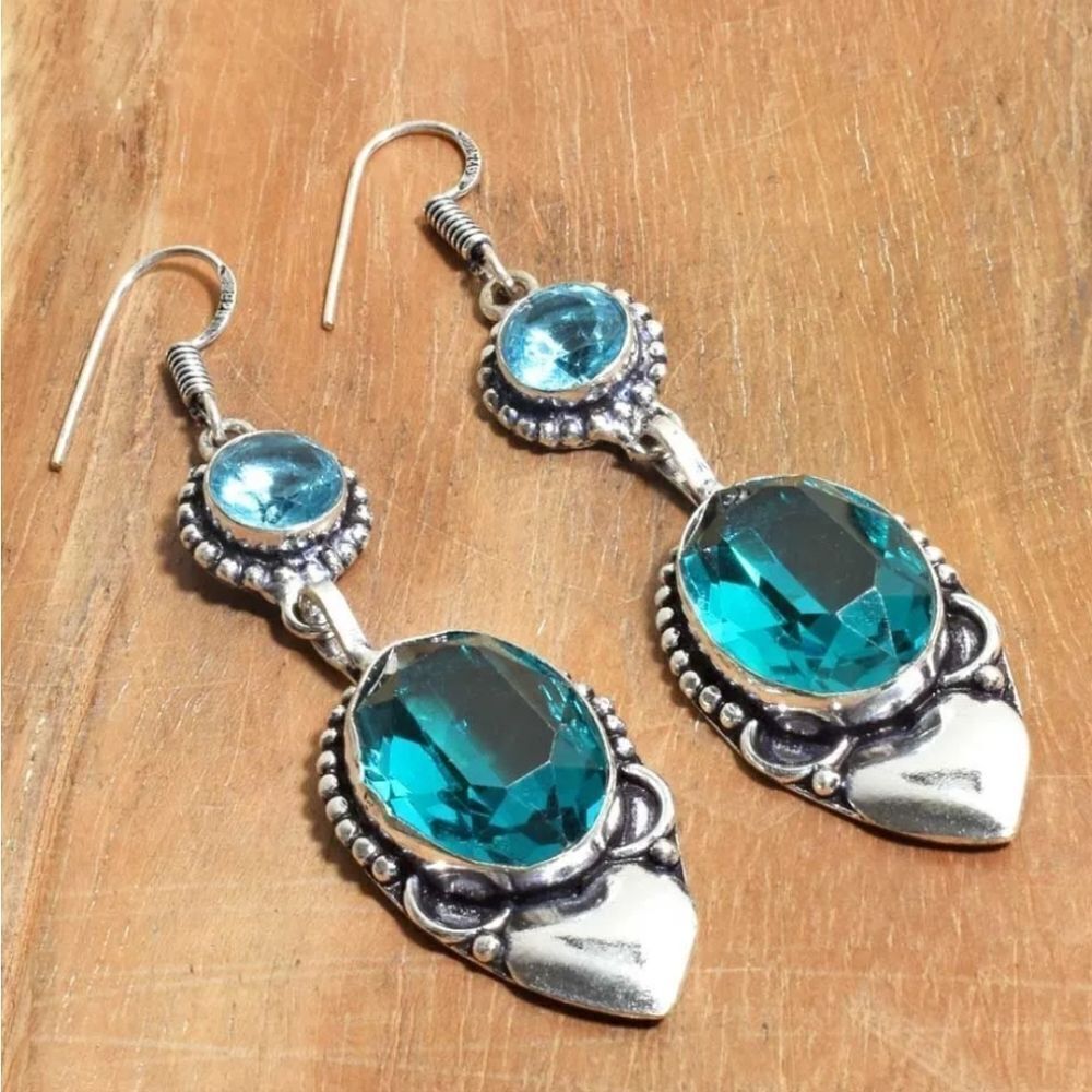 Apatite Blue Topaz Handmade Drop Dangle Earrings Jewelry 2.6"